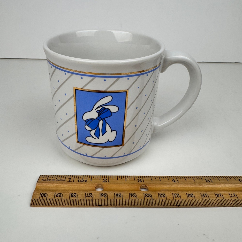 Vtg Easter Spring Bunny Rabbit White Ceramic Mug Blue Gold‎ Accent Dots Stripes